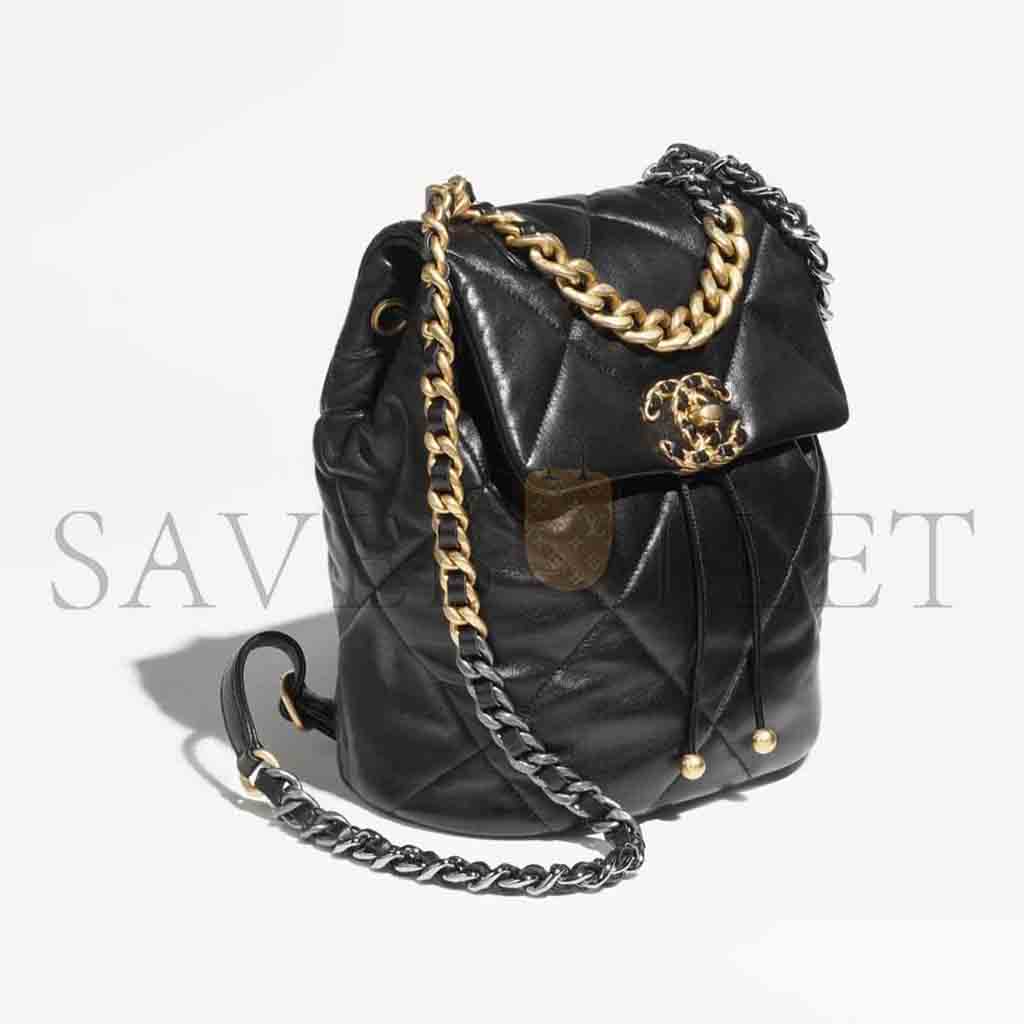 Ch*el master 19 backpack shiny lambskin gold metallic black (26*22*16cm)